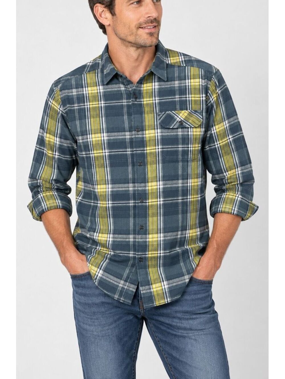 Columbia Flare Gun Flannel Men's L Blue Yellow Plaid Omni-Wick Outdoor